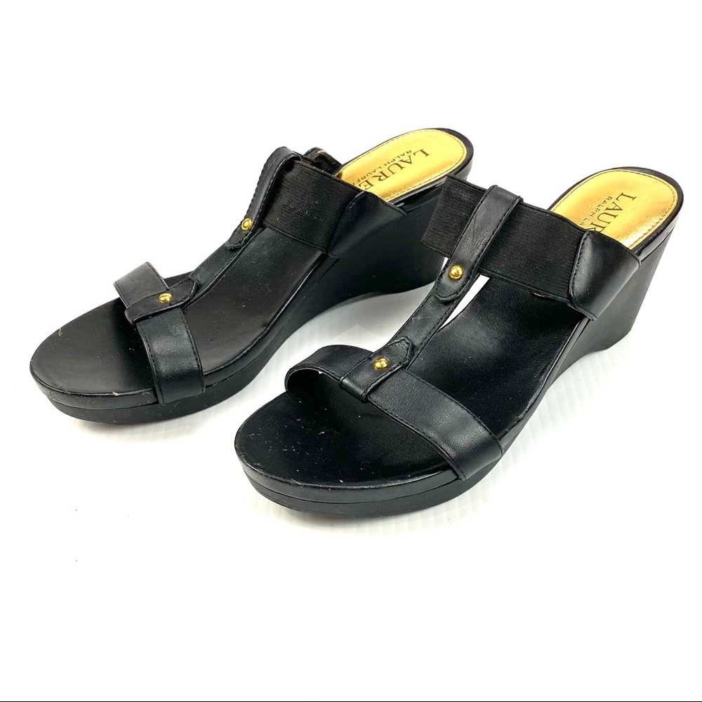 Lauren Ralph Lauren Black Sandal Wedge T Strap Open Toe Women Size 6B
